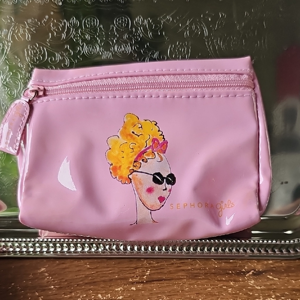 NWT Vintage Sephora Girls Pink Patten Leather Cosmetic / Coin Bag Super Cute
